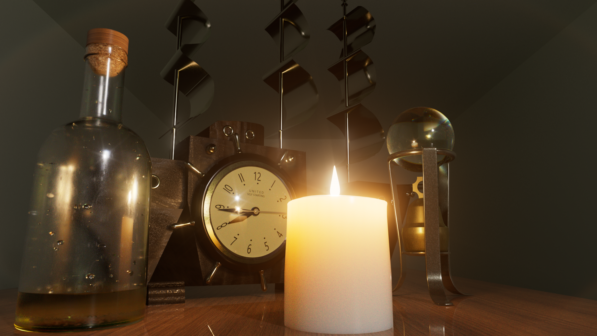 Still life 3D rendering with a candle, bottle, pirate ship clock and a crystal ball
